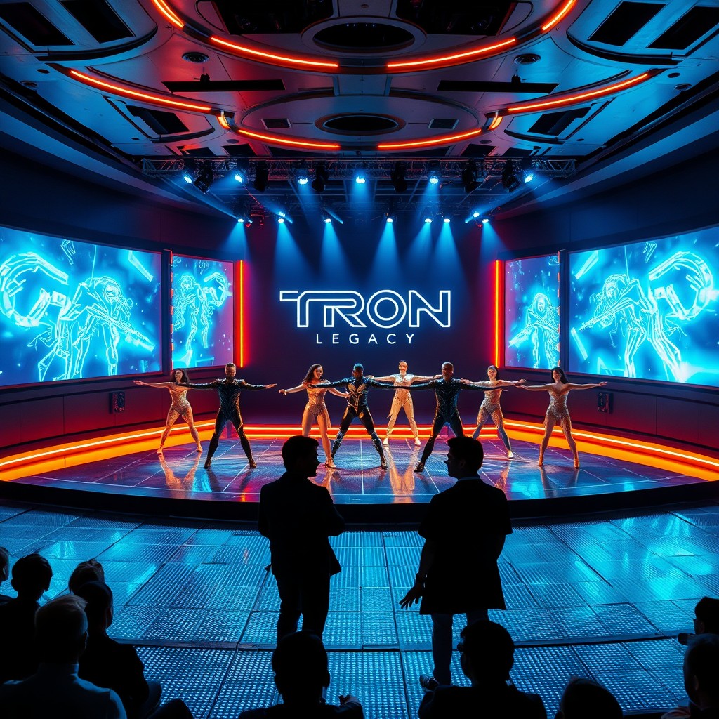 A futuristic theatre stage inspired by 'Tron Legacy', showcasing glowing neon elements in a sleek, high-tech environment