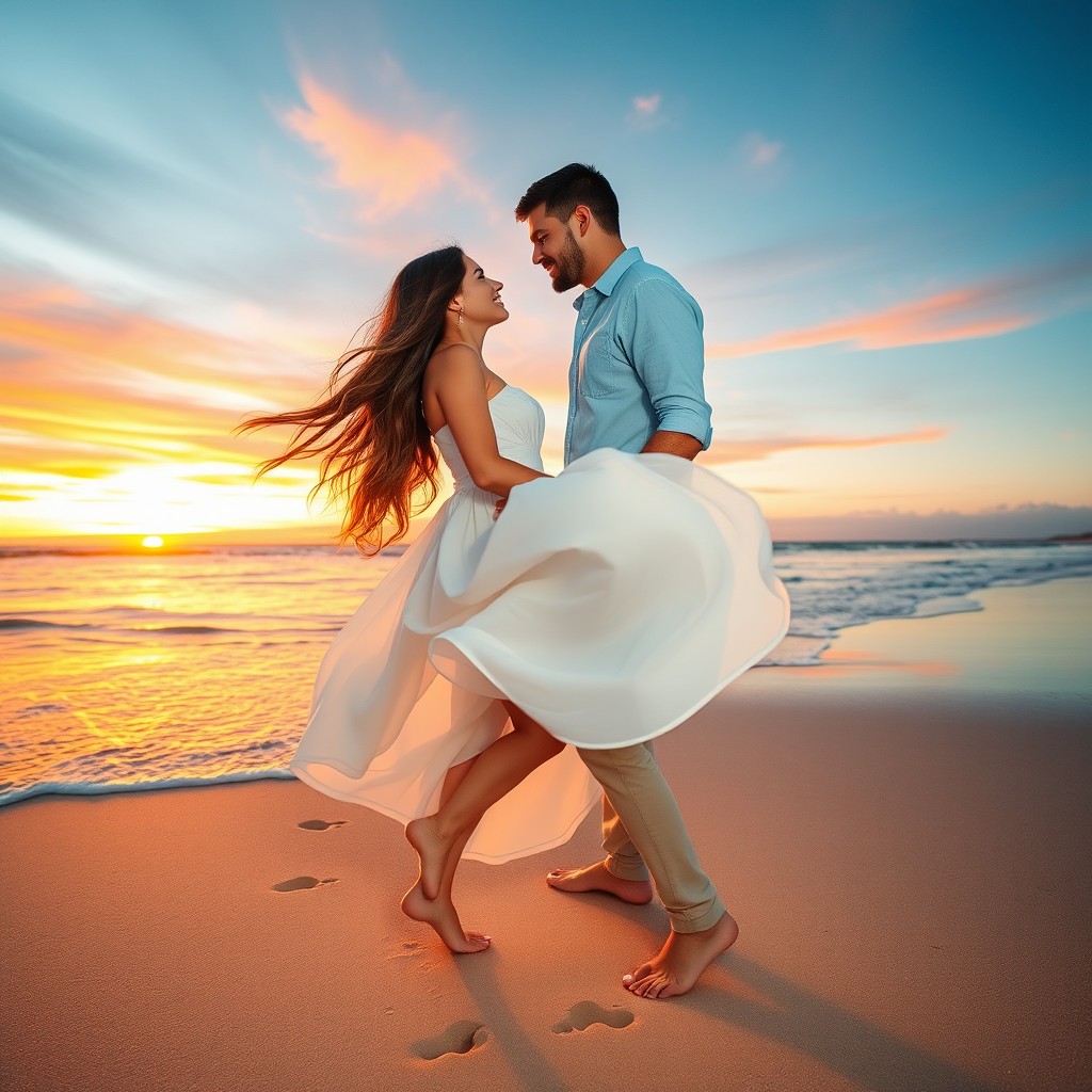 A romantic scene featuring a couple in a beautiful sunset setting, standing together on a beach
