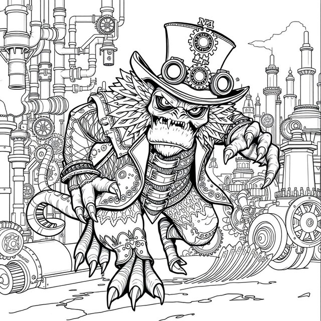 A black and white coloring page depicting a steampunk scary mythical monster in a dynamic running pose