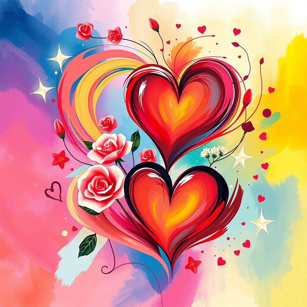 A vibrant and colorful abstract representation of love, featuring bold brush strokes and swirling hearts, set against a dreamy background of soft pastels