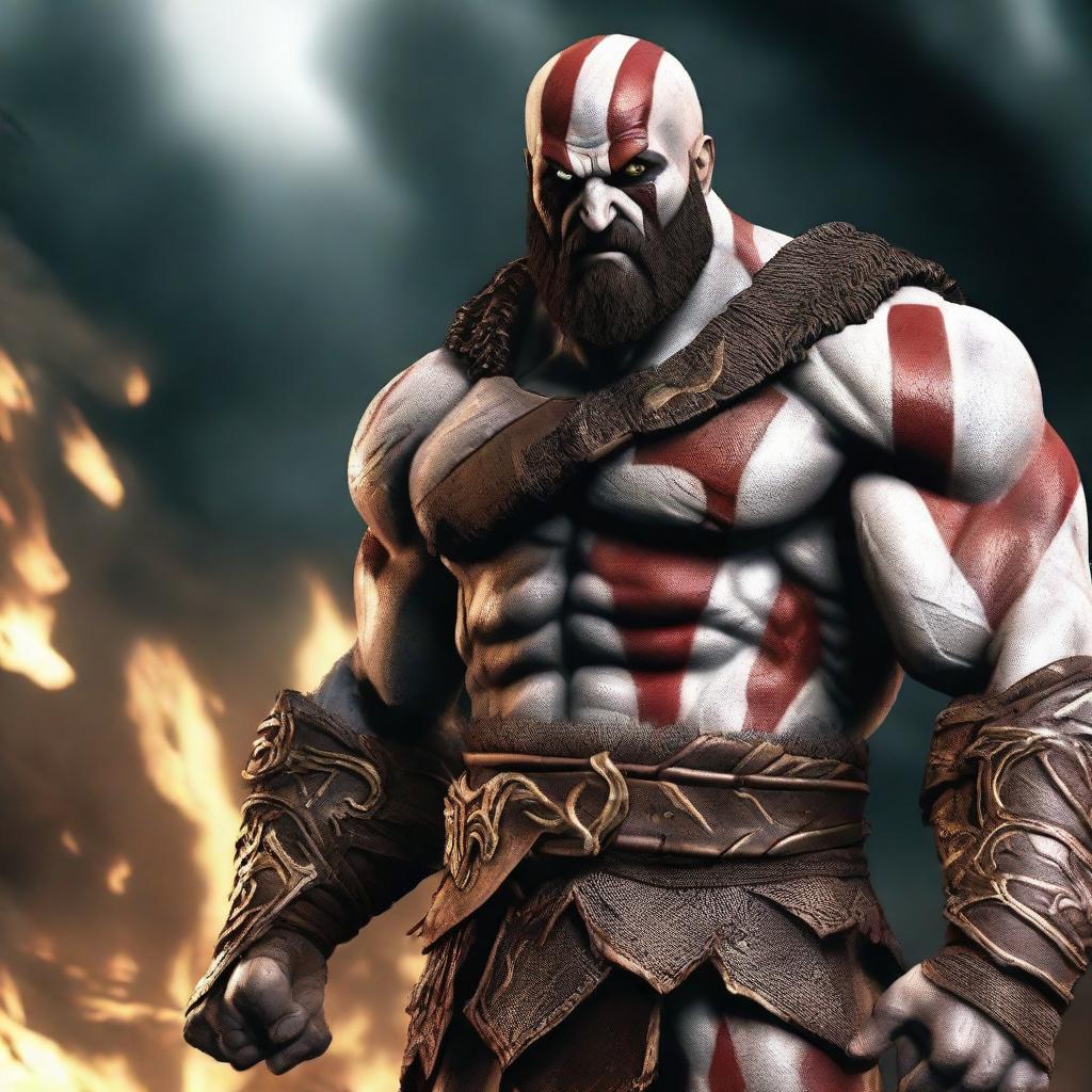 Display Kratos, the god-slaying Spartan warrior from the video game series 'God of War', looking fierce, muscular and battle-ready.