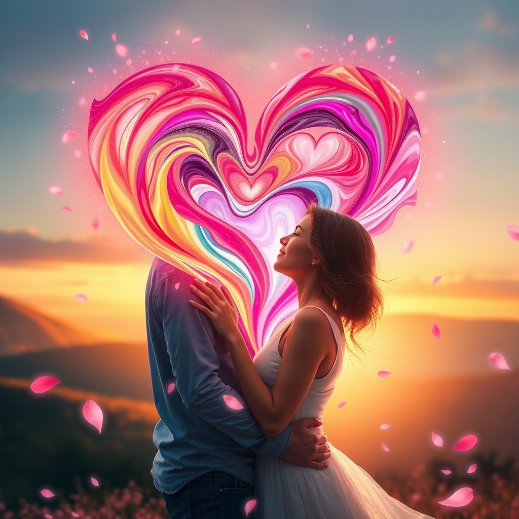 An ethereal representation of love, showcasing a vibrant heart made of swirling colors, surrounded by soft, glowing lights