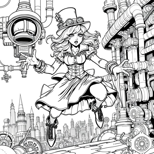 A black and white coloring page featuring a female steampunk monster in a dynamic jumping pose