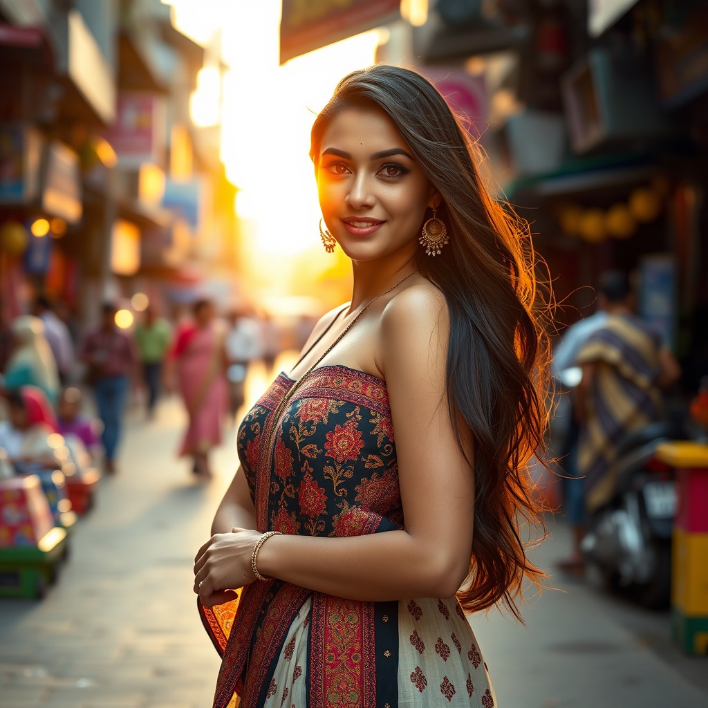 A beautiful hot Indian woman standing confidently in an Indian street, wearing a stylish traditional outfit that beautifully blends modern design with cultural elements