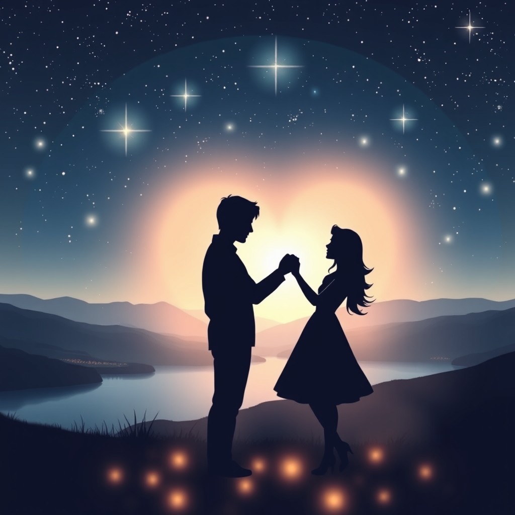 A dreamy and romantic scene representing love, with two silhouettes of a couple holding hands under a starlit sky, surrounded by soft glowing lights