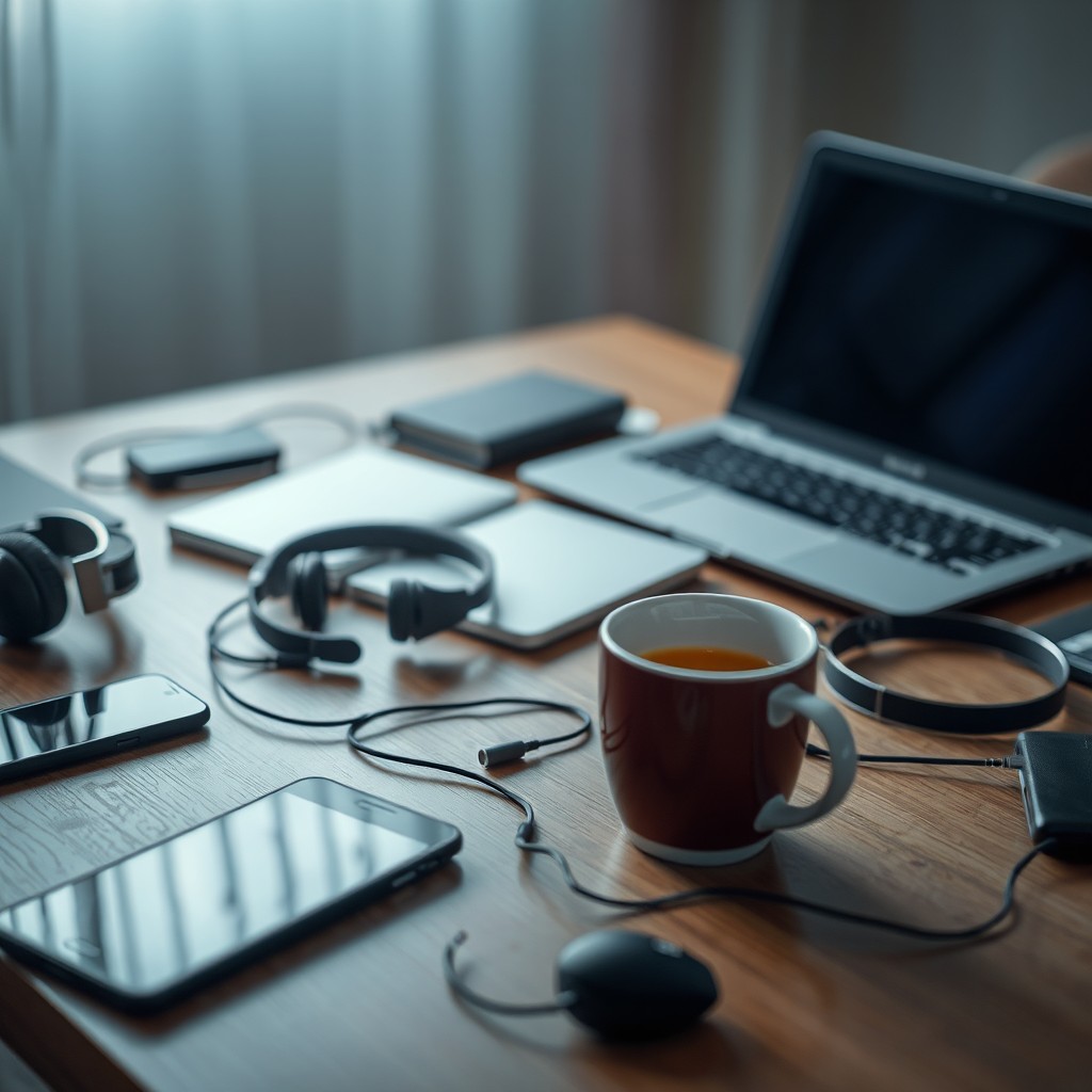 A cluttered table featuring a smartphone, a netbook, headphones, and a coffee cup, all scattered yet stationary