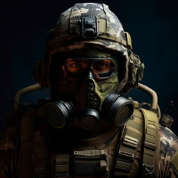 Generate a high-intensity image of a soldier with a distinctive skull mask, equipped with military gear and ready for battle.