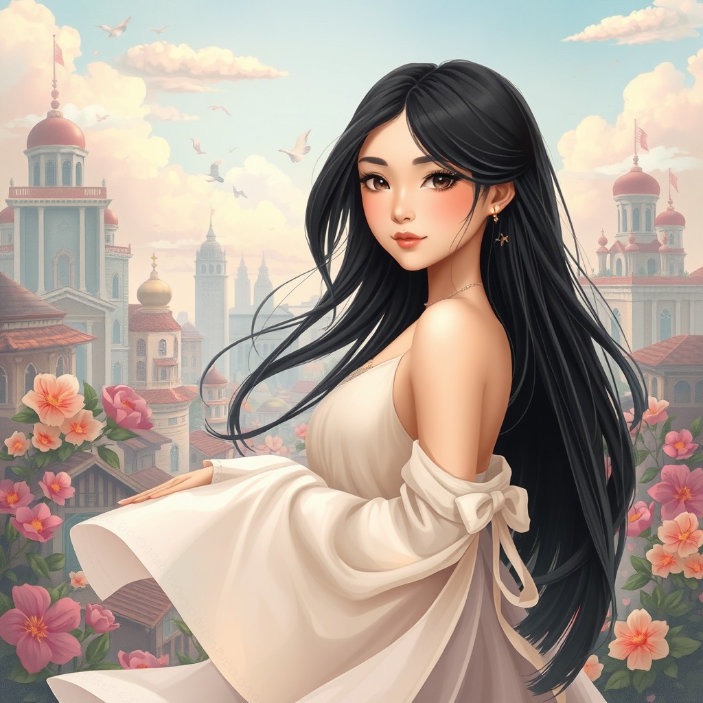 A beautiful Filipina girl depicted in the unique Guweiz style, characterized by soft colors and whimsical elements