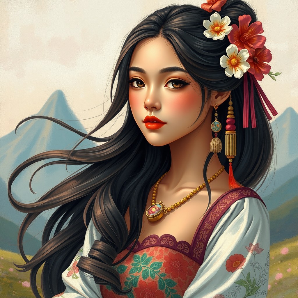 A captivating Filipina girl depicted in the unique style of Guweiz, featuring vibrant colors and intricate details