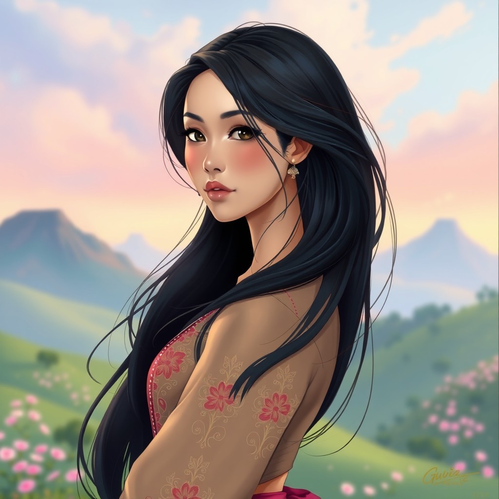 A beautiful Filipina girl depicted in the distinctive Guweiz art style, which features smooth lines, elegant poses, and vibrant color palettes