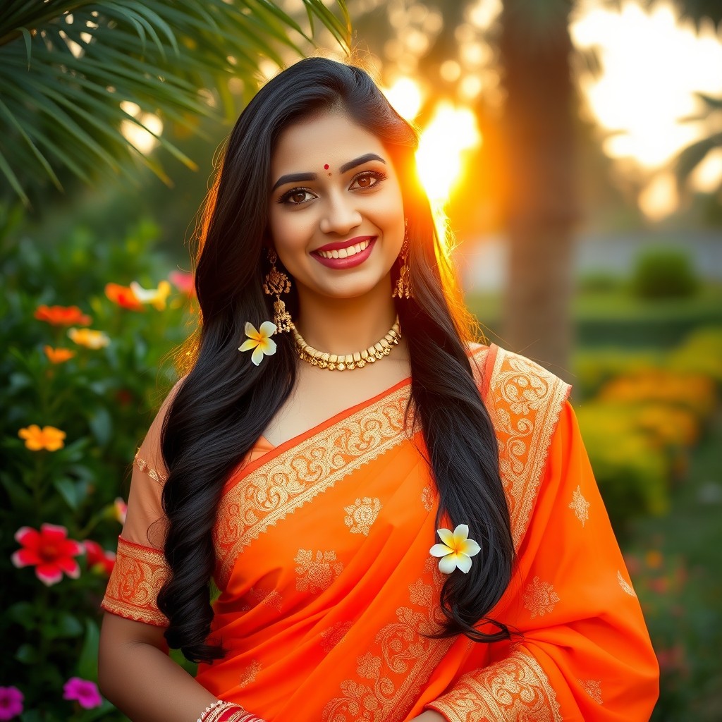 A beautiful Indian woman wearing a traditional bright orange saree with intricate gold embroidery, gracefully standing in a lush green garden