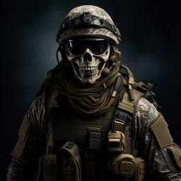 Generate a high-intensity image of a soldier with a distinctive skull mask, equipped with military gear and ready for battle.