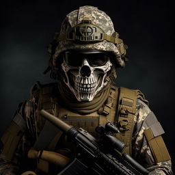 Generate a high-intensity image of a soldier with a distinctive skull mask, equipped with military gear and ready for battle.