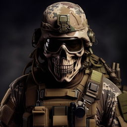 Generate a high-intensity image of a soldier with a distinctive skull mask, equipped with military gear and ready for battle.