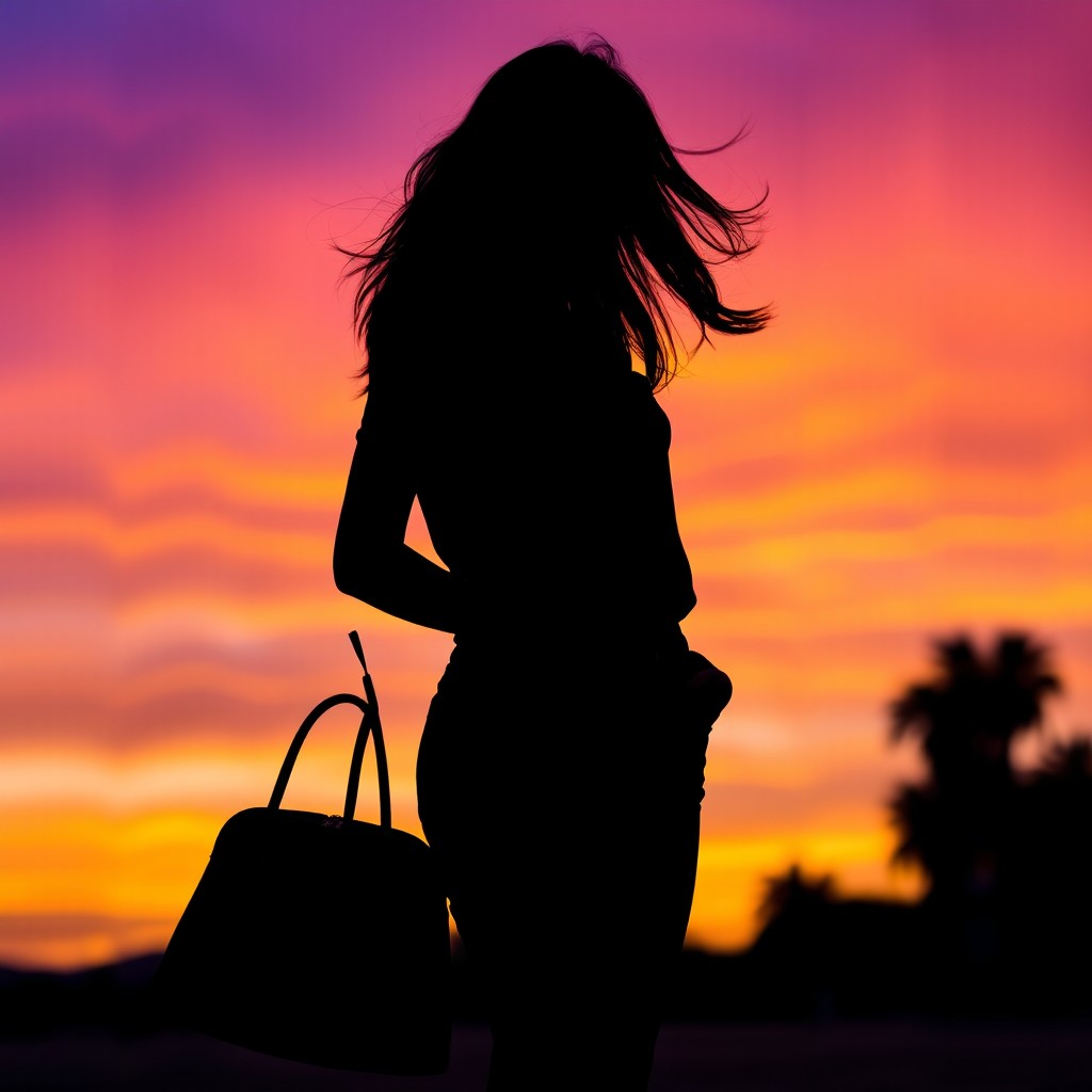 A striking silhouette of a young woman standing confidently, holding a stylish handbag