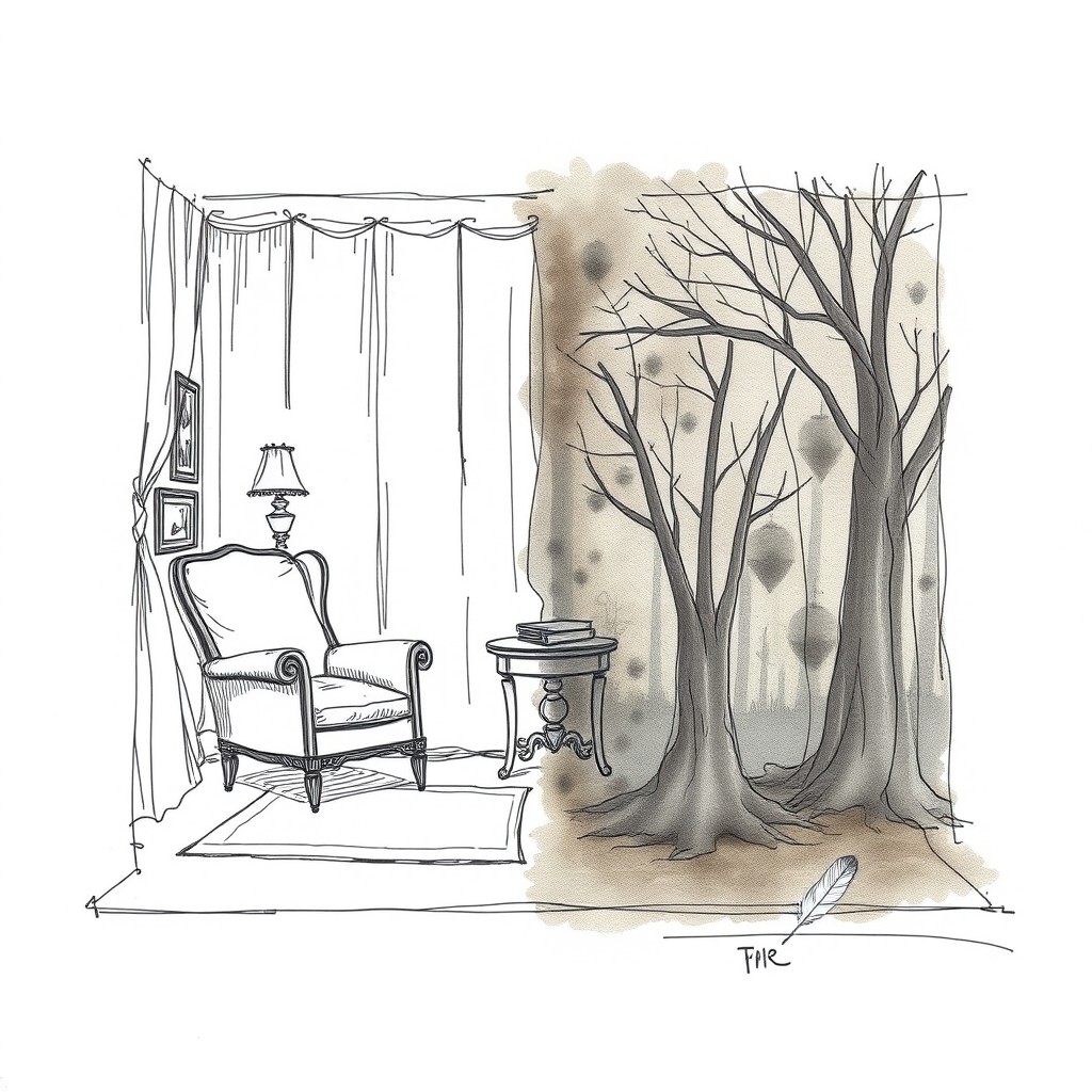 A hand-drawn sketch concept for a stage design inspired by Henrik Ibsen's play 'The Wild Duck'