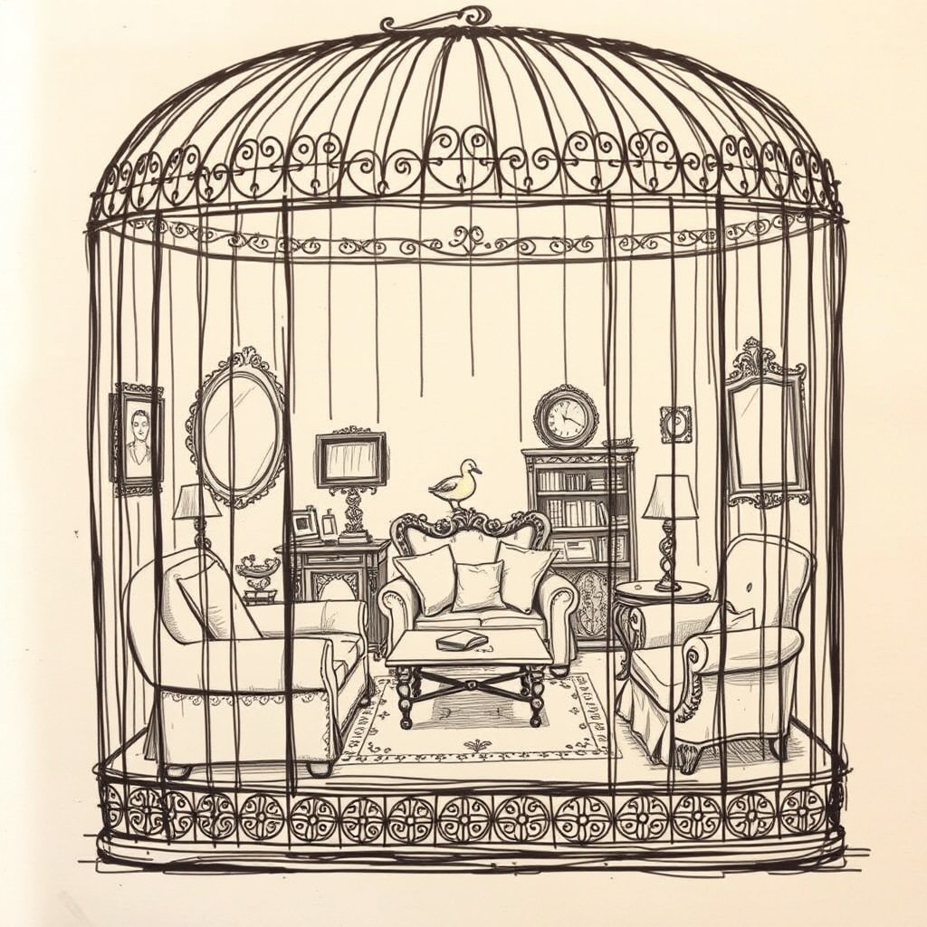 A hand-drawn sketch concept for a symbolic stage design of Henrik Ibsen's play 'The Wild Duck', entirely set within a large birdcage representing confinement