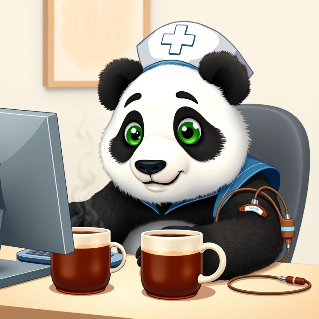 A large, sweet panda with big green eyes and a nurse's cap featuring a white cross sits at a computer