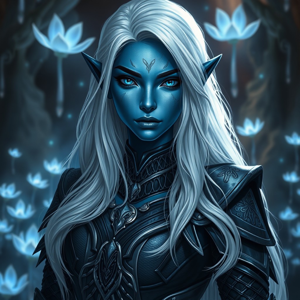 A stunning female Drow character featuring striking blue eyes and long, flowing white hair
