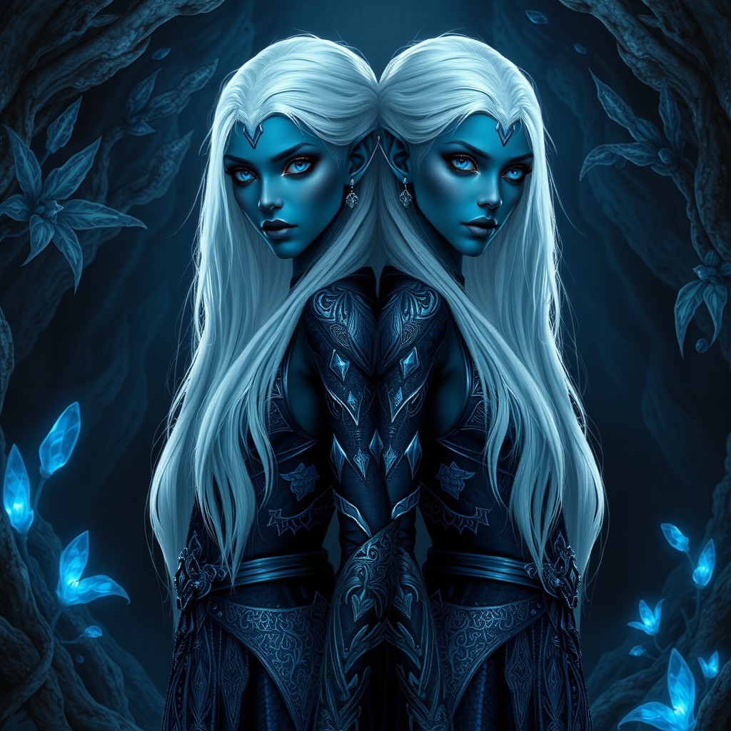 Two Drow female twin sisters standing back to back in a mystical underground cavern