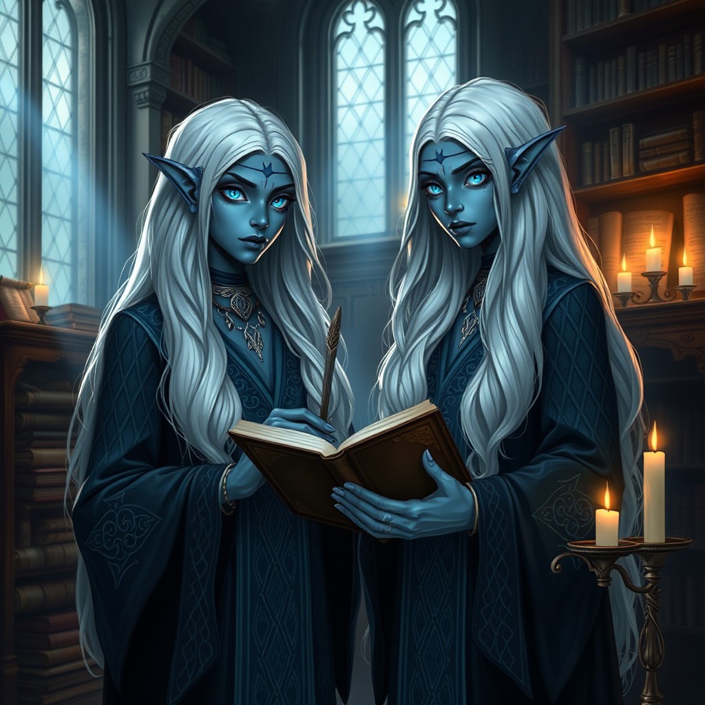 Two Drow female twin sisters, both with striking blue eyes and long, flowing white hair, standing side by side in a library filled with ancient books and scrolls
