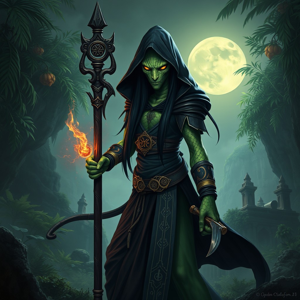 A Yuan-ti pureblood mage hunter, depicted as a serpentine humanoid with green scaled skin, long, sleek black hair, and piercing yellow eyes
