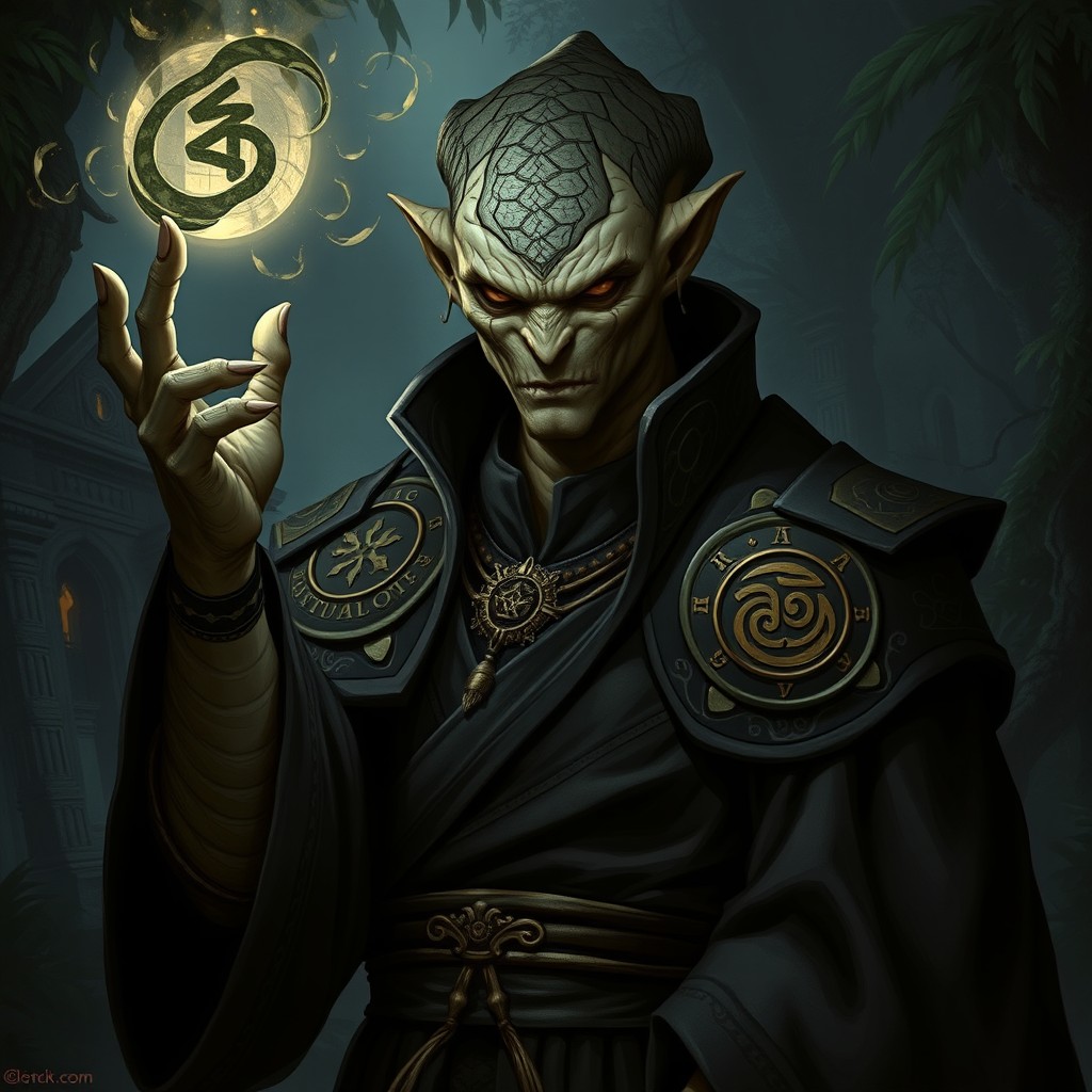 An imposing Yuan-ti pureblood character, depicted as a powerful mage hunter