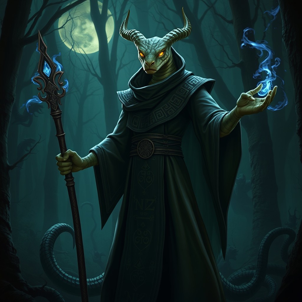 A Yuan-ti pureblood mage hunter in a dark, mysterious forest setting