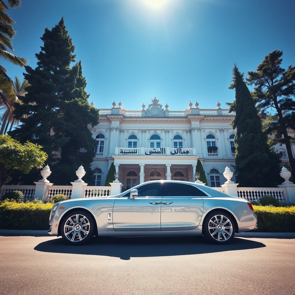 A beautiful white palace with elegant architecture, featuring intricate details and surrounded by lush greenery
