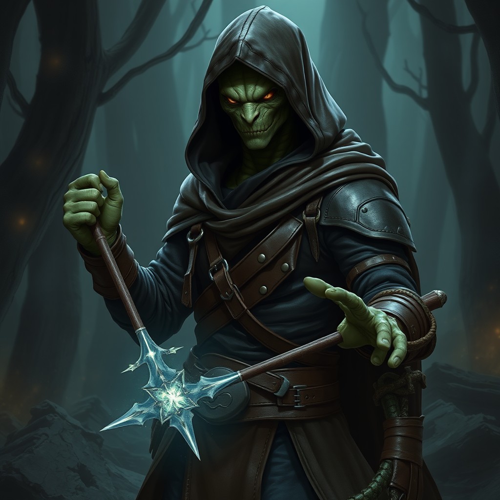 A striking Yuan-ti pureblood mage hunter, portrayed as a formidable figure clad in a hooded cloak and fitted leather armor