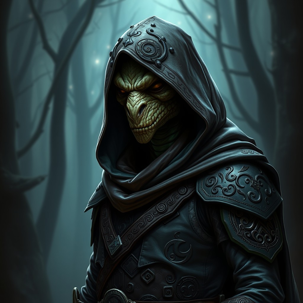 A Yuan-ti Mage Hunter depicted with a sinister yet intriguing look, wearing a hooded cloak that shrouds their face in mystery