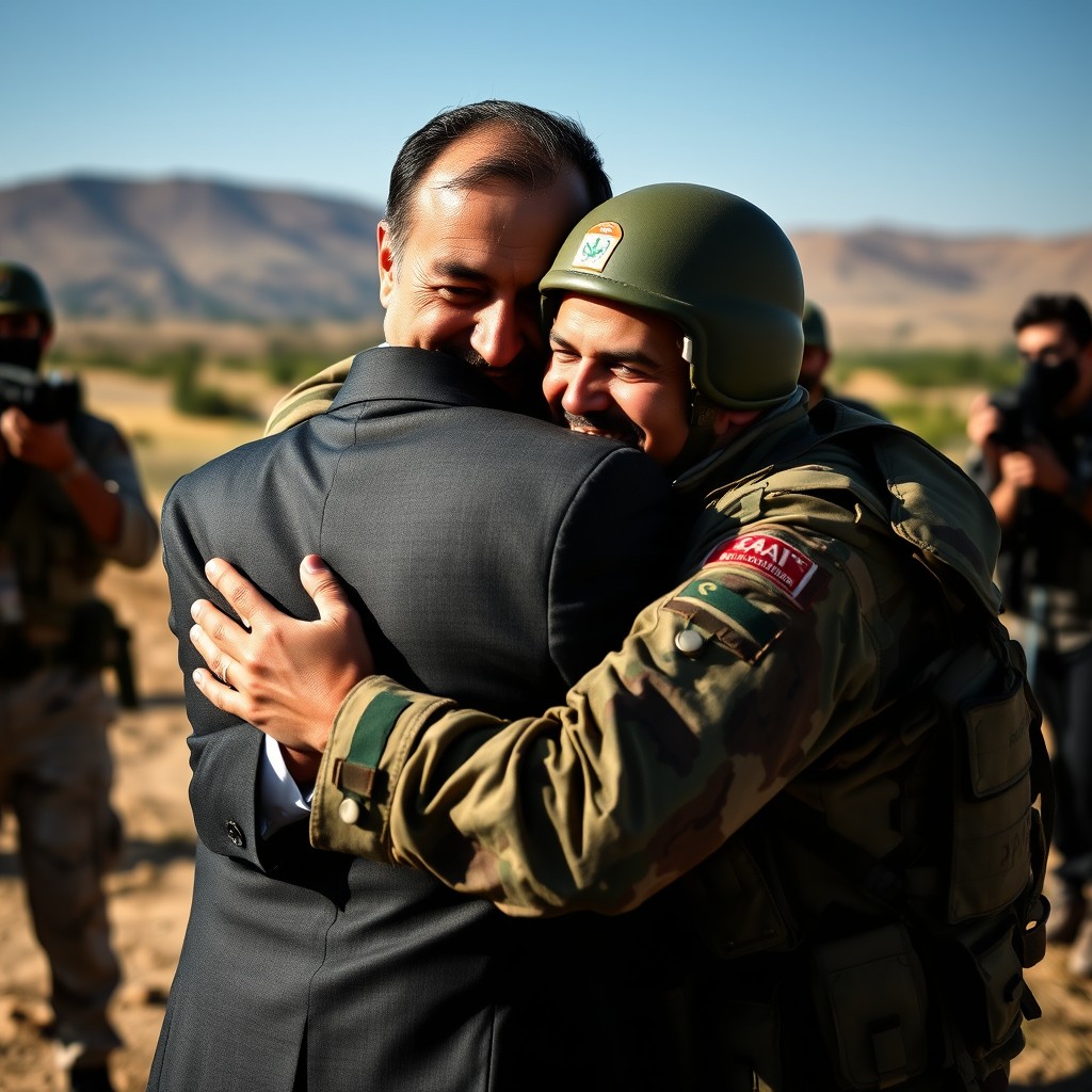 A warm embrace between Syrian president Ahmad al-Sharaa and a fighter, set against a backdrop of a Syrian landscape