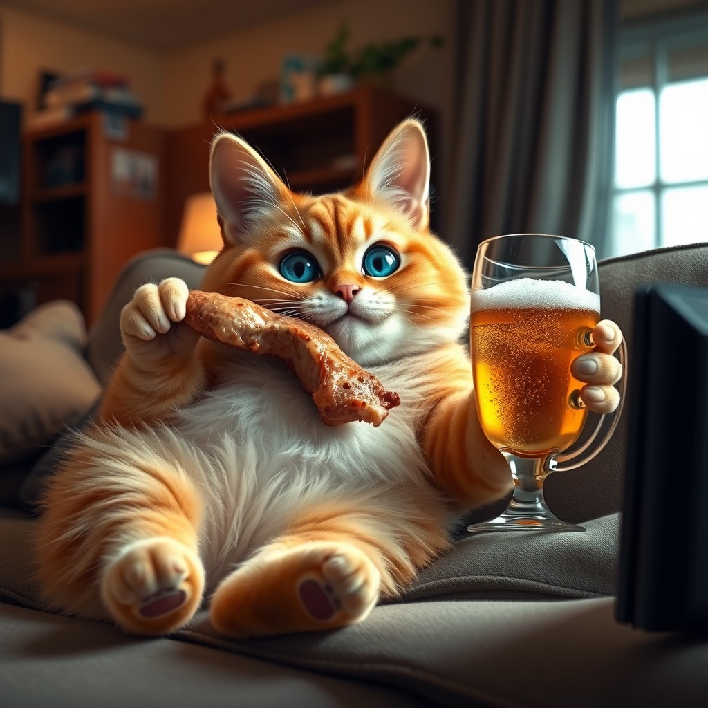 A cute orange cat with a big belly and big blue eyes is lounging on a cozy sofa