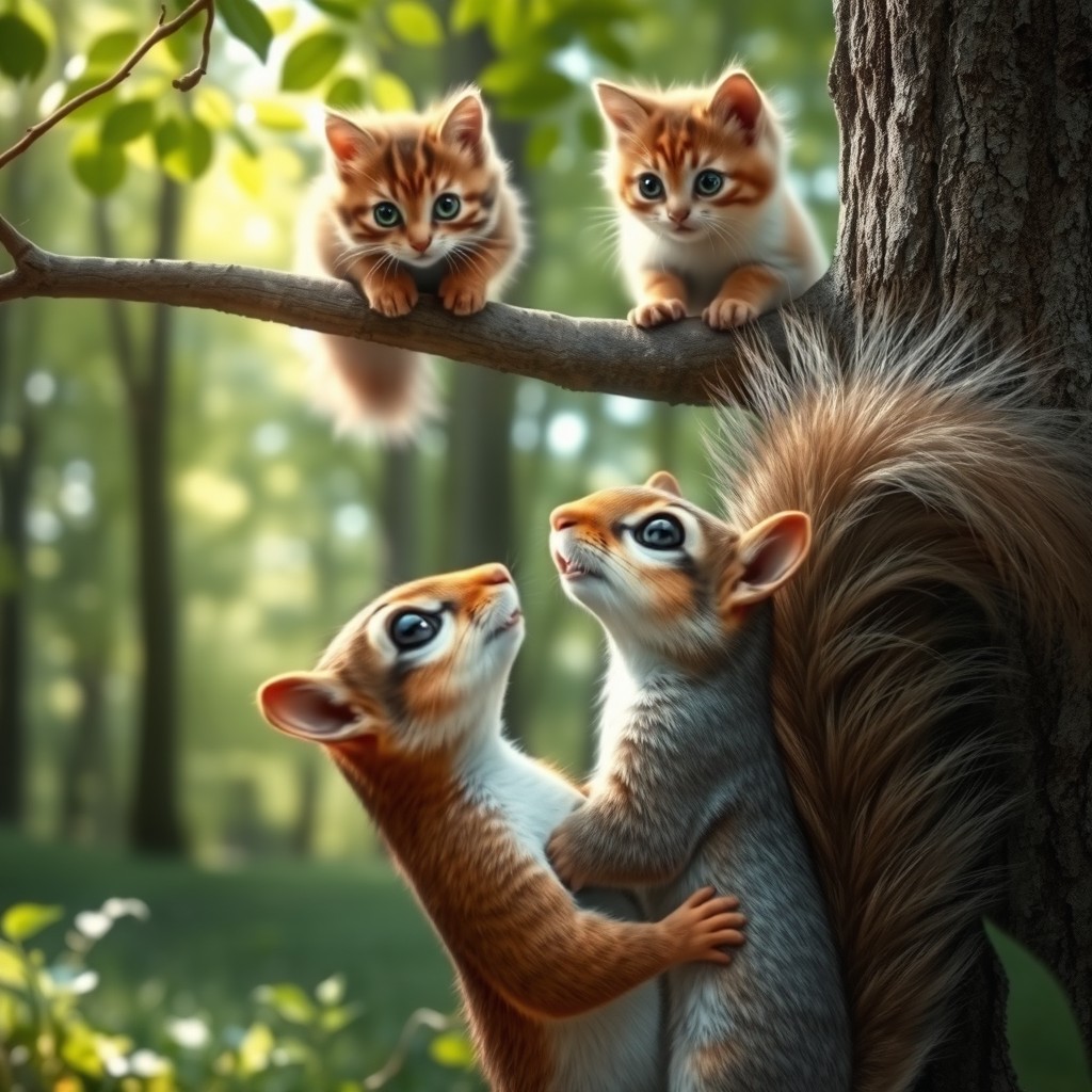 A playful squirrel looking up at a tree, with its eyes wide open in curiosity