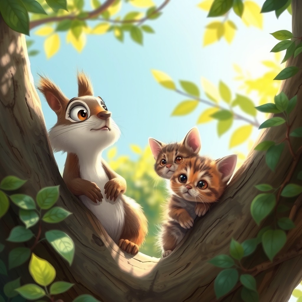 A whimsical scene featuring a curious squirrel looking up at a tree, with its big eyes filled with concern
