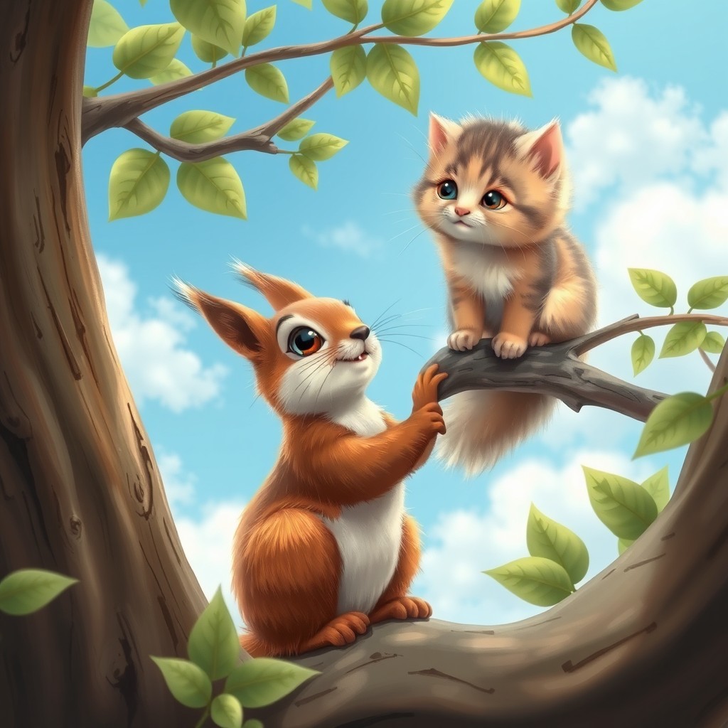 A charming scene depicting a squirrel looking up at a tree with curious eyes, while a cute, fluffy kitten is adorably stuck on a branch above