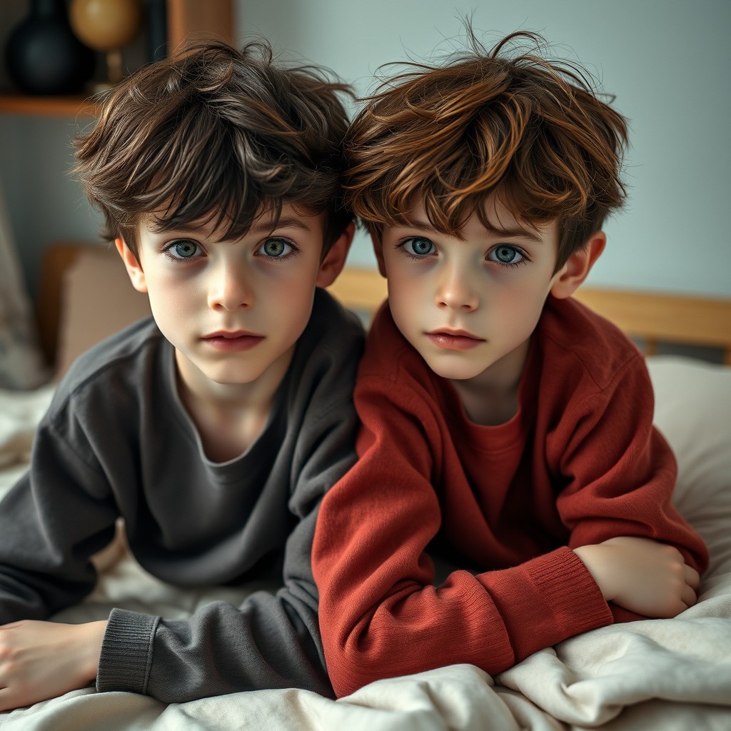 Art of identical male twins, both 16 years old, living in an orphanage in Germany, showcasing their deep bond and connection