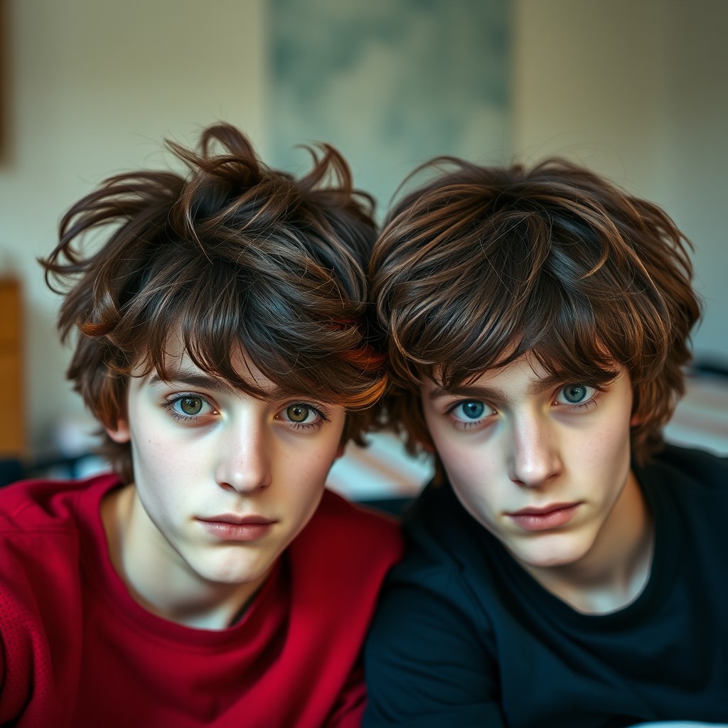 Two identical male identical twins, both 16 years old, are depicted in their room at a children's home in Germany