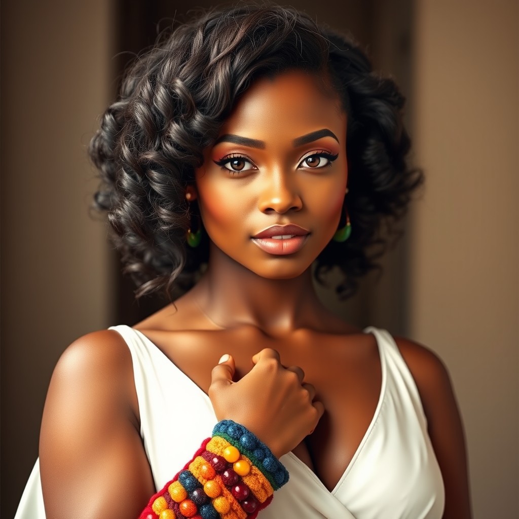 A stunning woman with thick hair styled in a curly half-up, half-down bun