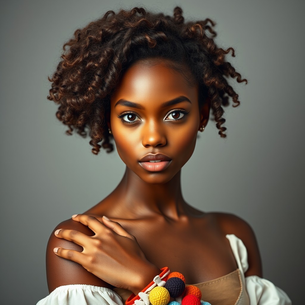 A stunning young woman with thick curly hair styled in a half-up, half-down bun