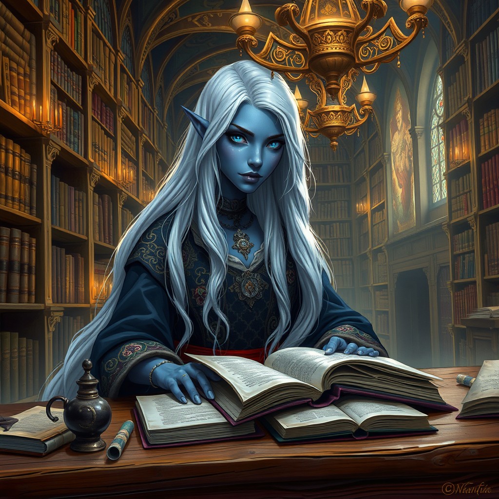 A Drow female scholar with captivating blue eyes and long, flowing white hair, immersed in her studies in a grand, ancient library