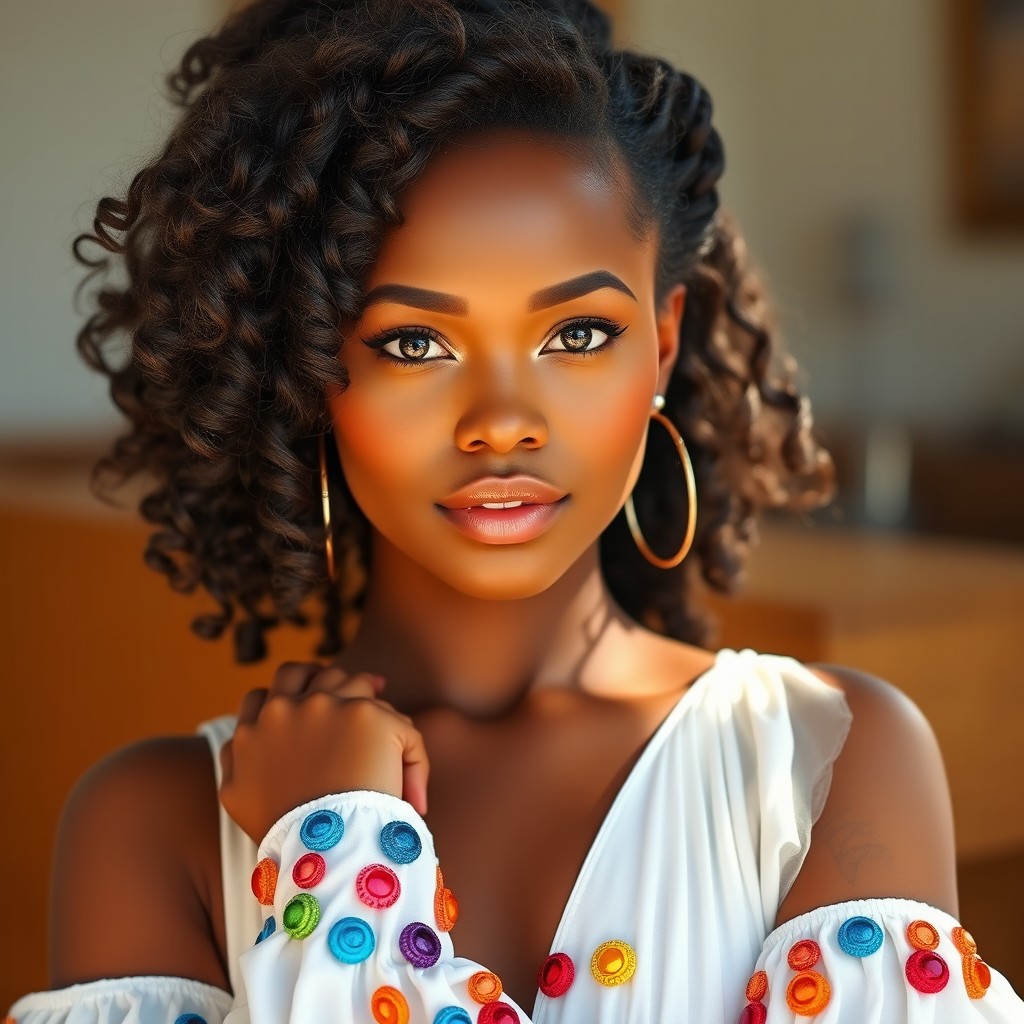 A stunning young woman with thick, curly hair styled in a half-up, half-down bun, showcasing her beautiful features