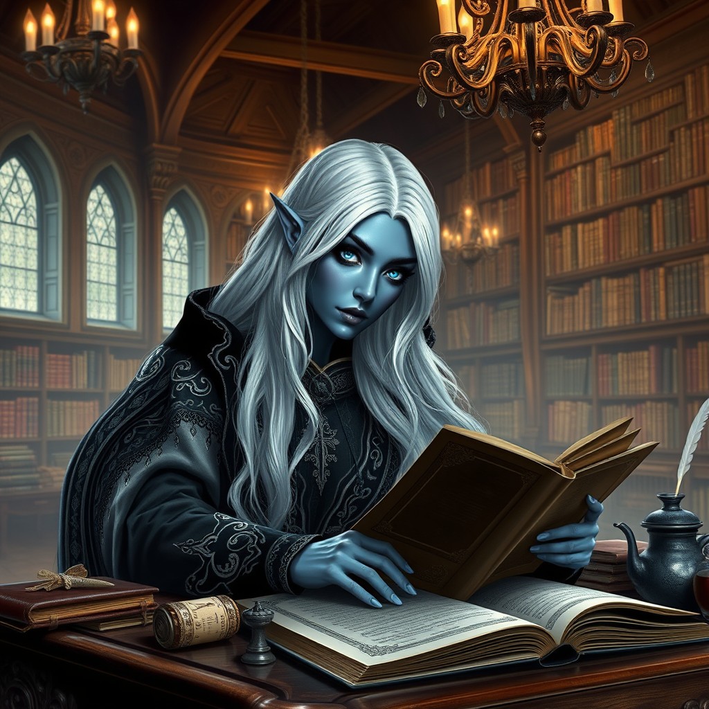 A Drow female scholar with stunning blue eyes and long, silky white hair, deeply engrossed in her studies