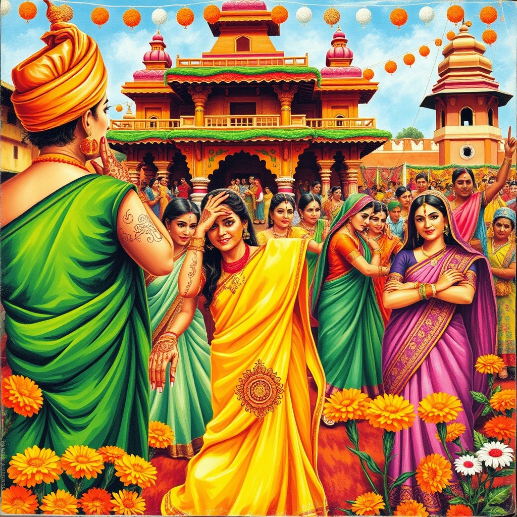 A vibrant and colorful representation of Indian culture, featuring traditional attire such as sarees and turbans, depicting various elements like an intricate henna design, ornate jewelry, and traditional Indian architecture in the background