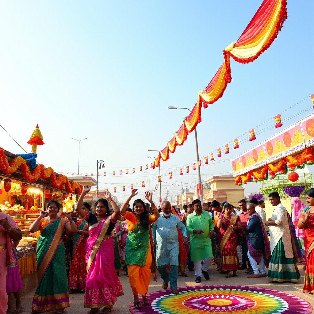 A vibrant Indian festival scene showcasing a colorful and lively atmosphere
