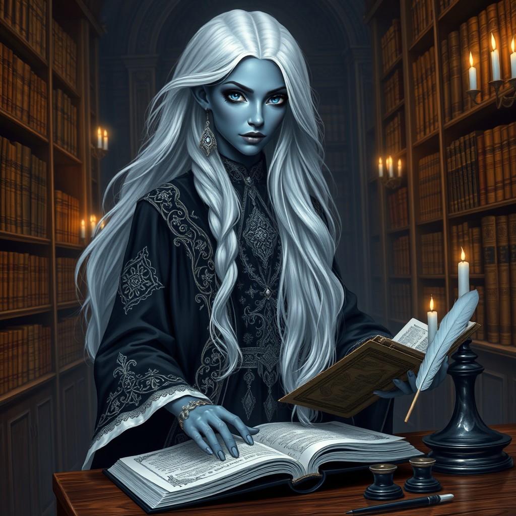 A Drow female scholar with enchanting blue eyes and long, silky white hair, gracefully standing in a lavish library