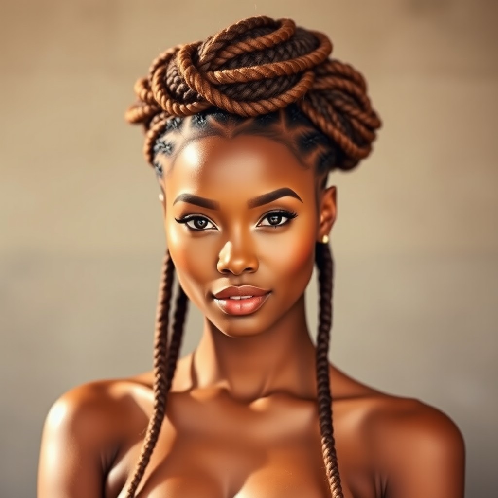 A portrait of a striking woman, her hair styled in four intricate cornrows leading to a voluminous puff on top