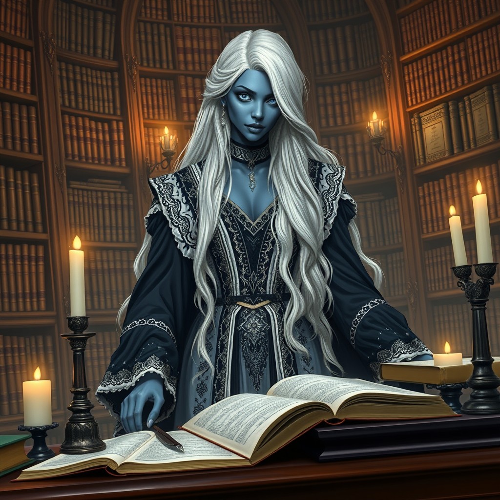 A noble Drow female scholar with striking blue eyes and long, flowing white hair, elegantly poised in a lavish black and white noble dress