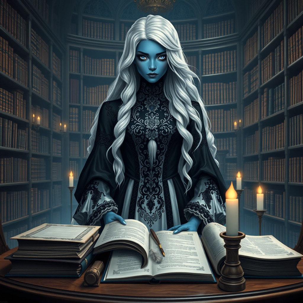 A noble Drow female scholar with captivating blue eyes and luxurious long white hair, elegantly portrayed against an opulent backdrop