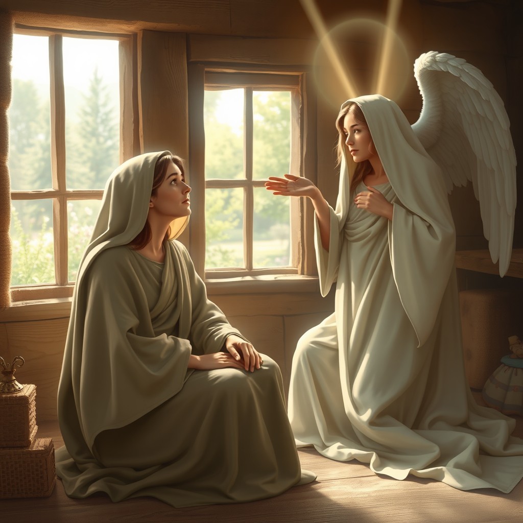 A peaceful scene depicting Mary, the mother of Jesus, sitting in her humble home, looking contemplative and serene